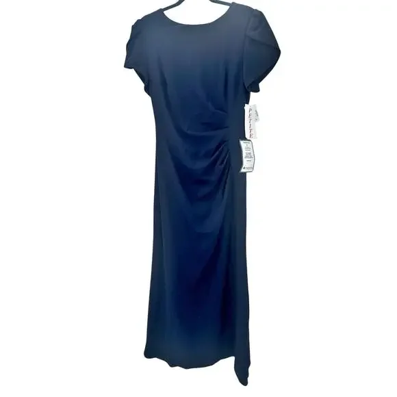 Xscape Evenings “London” Long Scuba Crepe Short Sleeve Dress Navy Size 14P NWT